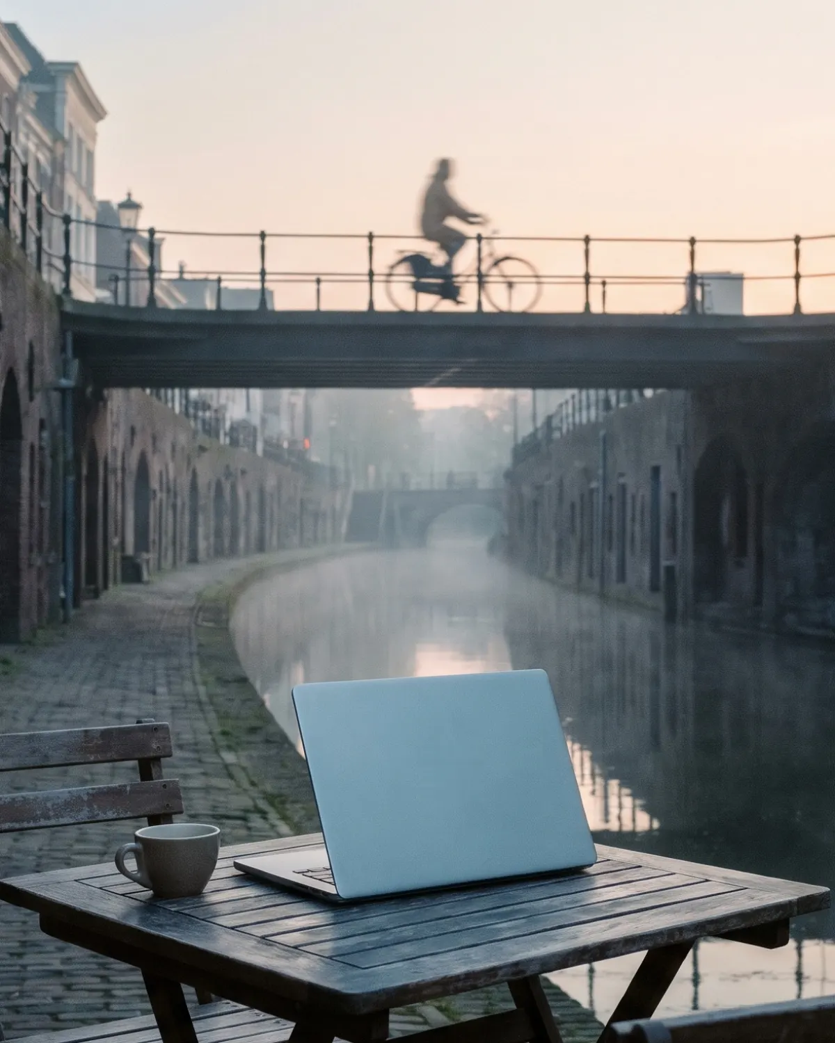Een laptop op een tafeltje aan de werf van de Oudegracht, in de ochtendnevel; over de brug fietst iemand.