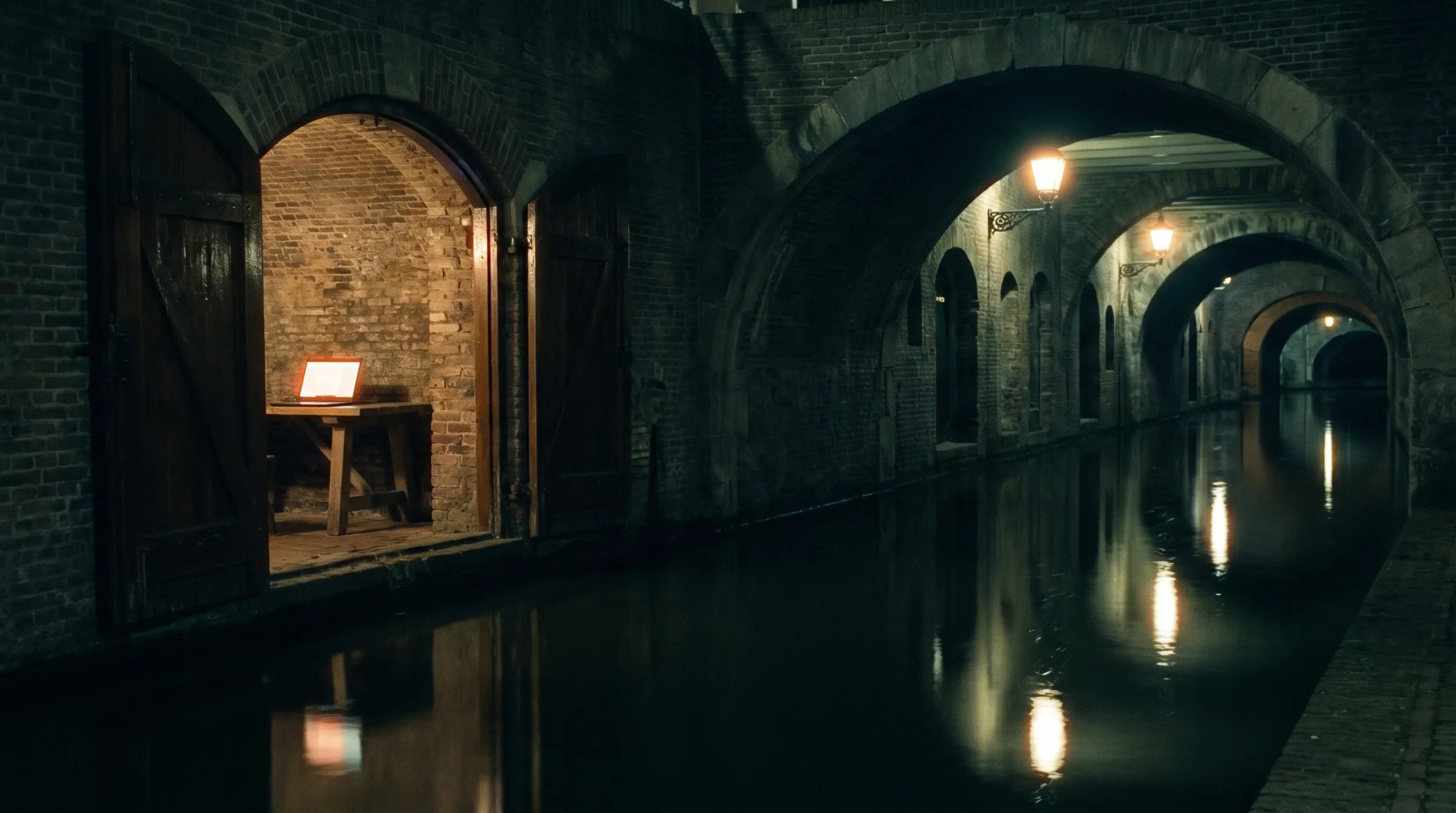 Een werfkelder aan de Utrechtse gracht in het blauwe uur, met een open laptop in de verlichte deuropening.