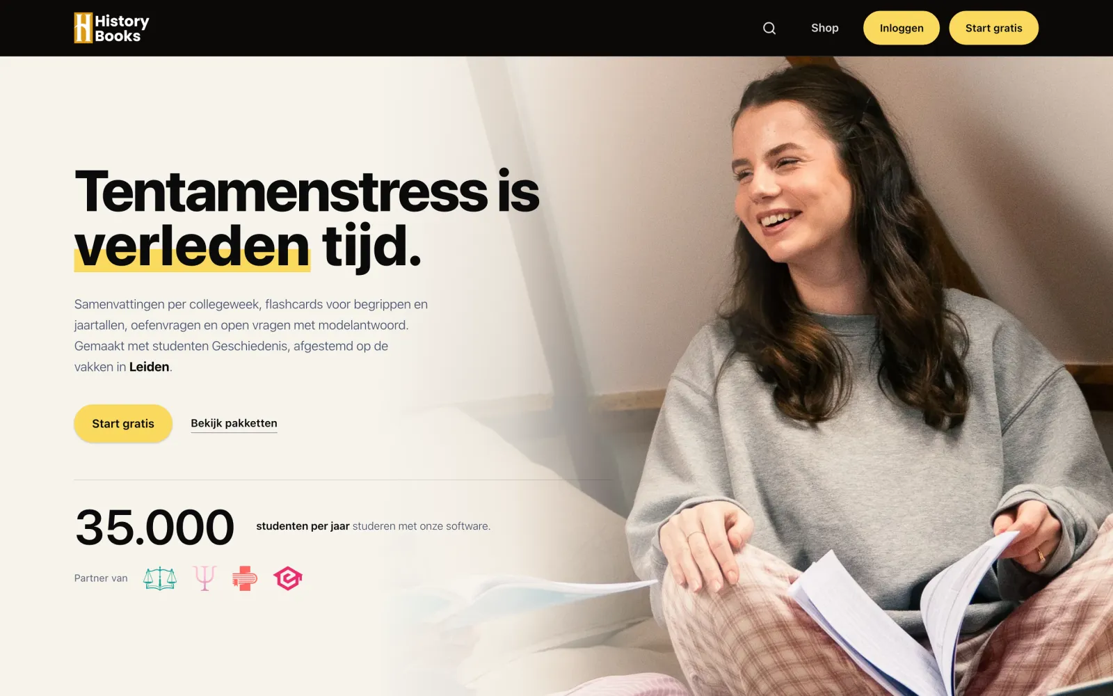 De homepage van History Books met de kop: tentamenstress is verleden tijd
