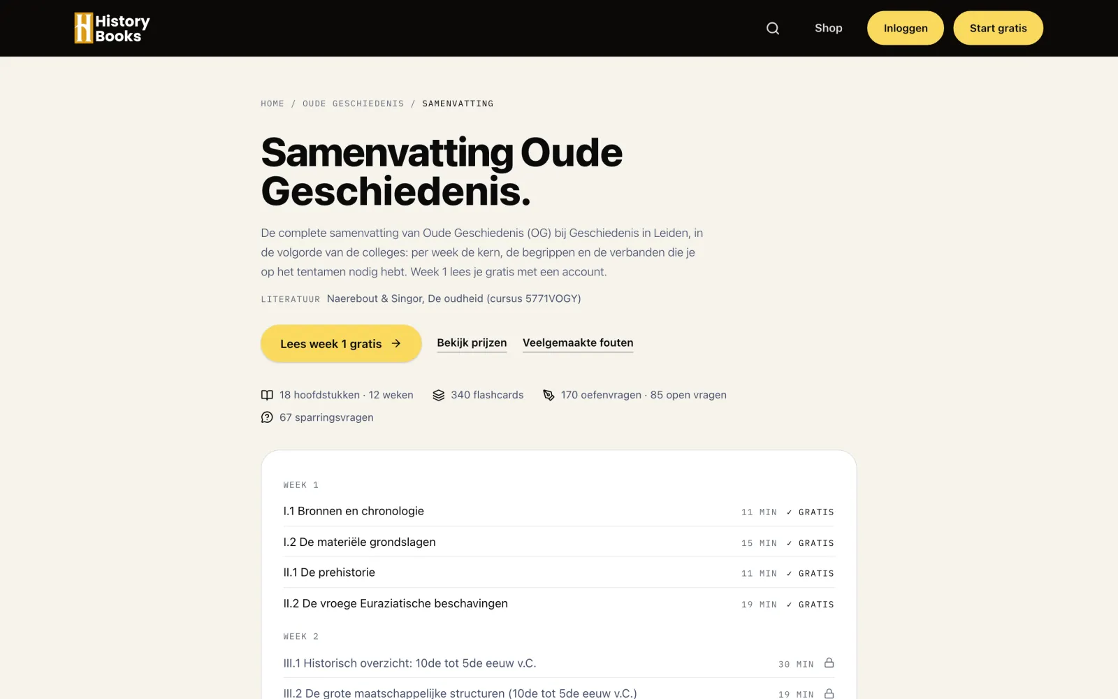 De samenvatting van Oude Geschiedenis met de inhoudsopgave per week; week 1 is gratis